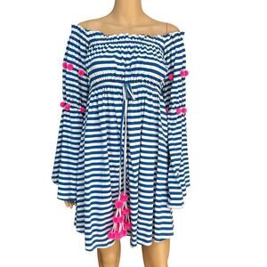 Sundress 100% cotton striped off shoulder dress flare sleeves pop poms sz M/L